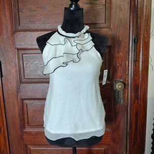 BCX Nwts Halter Top White Blk Asymmetrical Ruffles With A Bling Brooch/T716